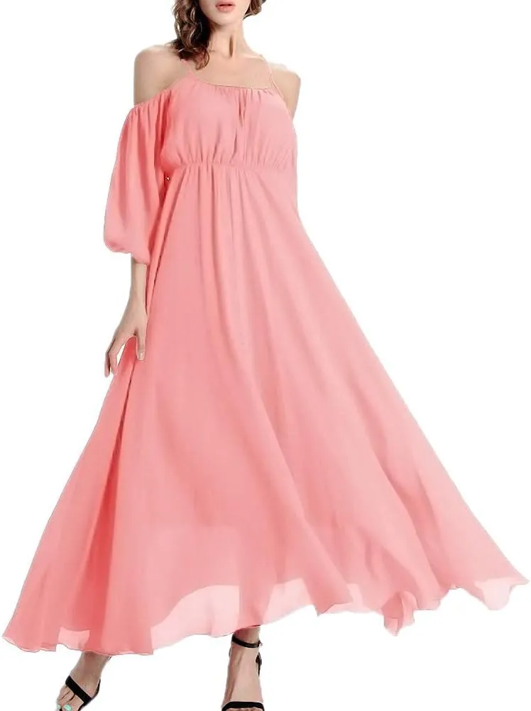 Afibi Womens Off Shoulder Long Chiffon Casual Dress Maxi Evening Dress