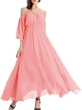 Afibi Womens Off Shoulder Long Chiffon Casual Dress Maxi Evening Dress