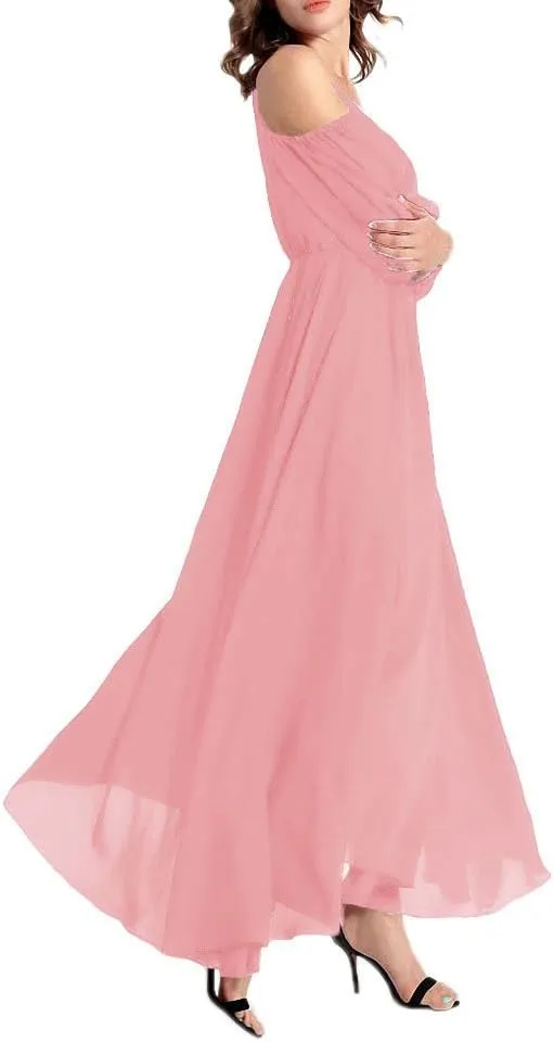 Afibi Womens Off Shoulder Long Chiffon Casual Dress Maxi Evening Dress