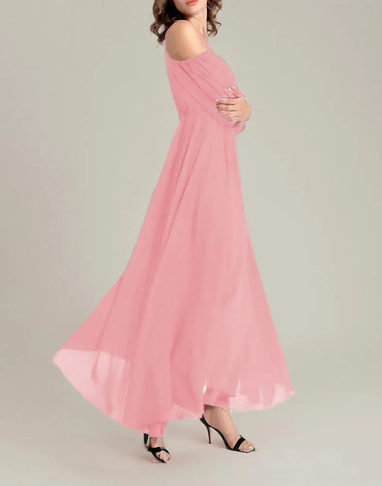Afibi Womens Off Shoulder Long Chiffon Casual Dress Maxi Evening Dress