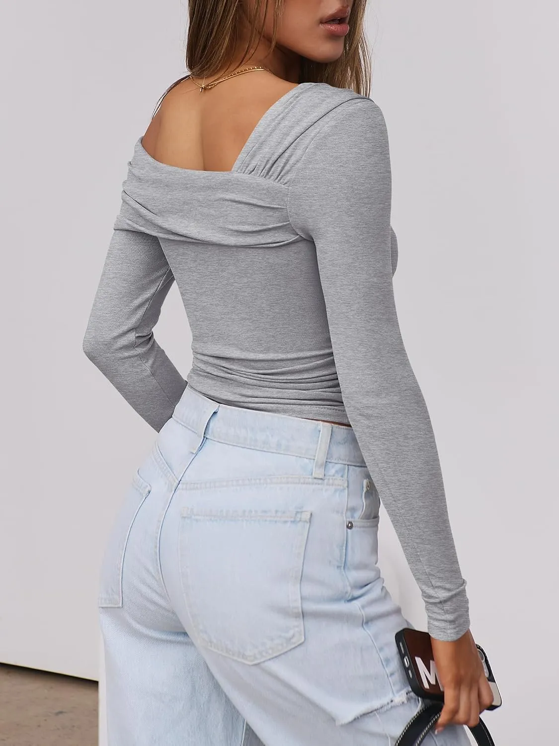 ANRABESS Womens One Off Shoulder Shirts Long Sleeve Going Out Crop Tops Ruched Tight Casual Blouse 2025 Trendy