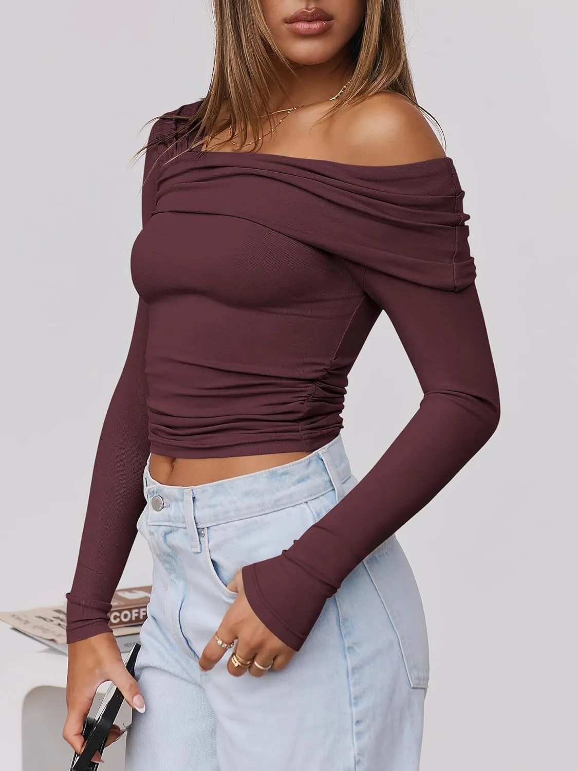 ANRABESS Womens One Off Shoulder Shirts Long Sleeve Going Out Crop Tops Ruched Tight Casual Blouse 2025 Trendy