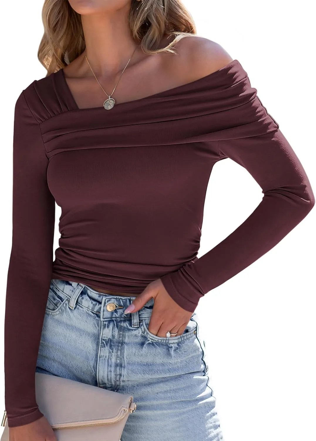 ANRABESS Womens One Off Shoulder Shirts Long Sleeve Going Out Crop Tops Ruched Tight Casual Blouse 2025 Trendy
