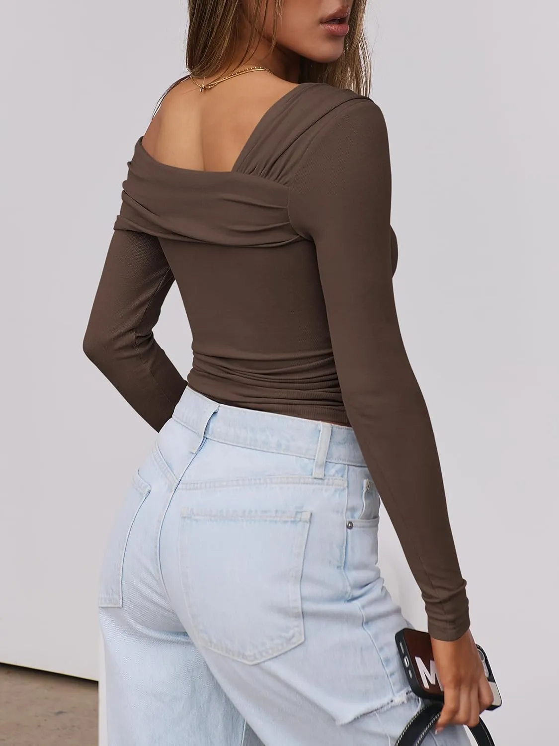 ANRABESS Womens One Off Shoulder Shirts Long Sleeve Going Out Crop Tops Ruched Tight Casual Blouse 2025 Trendy