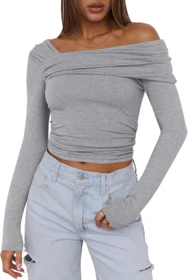 ANRABESS Womens One Off Shoulder Shirts Long Sleeve Going Out Crop Tops Ruched Tight Casual Blouse 2025 Trendy