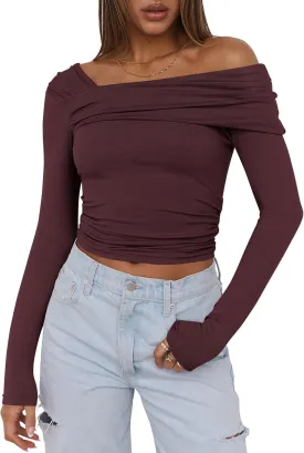 ANRABESS Womens One Off Shoulder Shirts Long Sleeve Going Out Crop Tops Ruched Tight Casual Blouse 2025 Trendy
