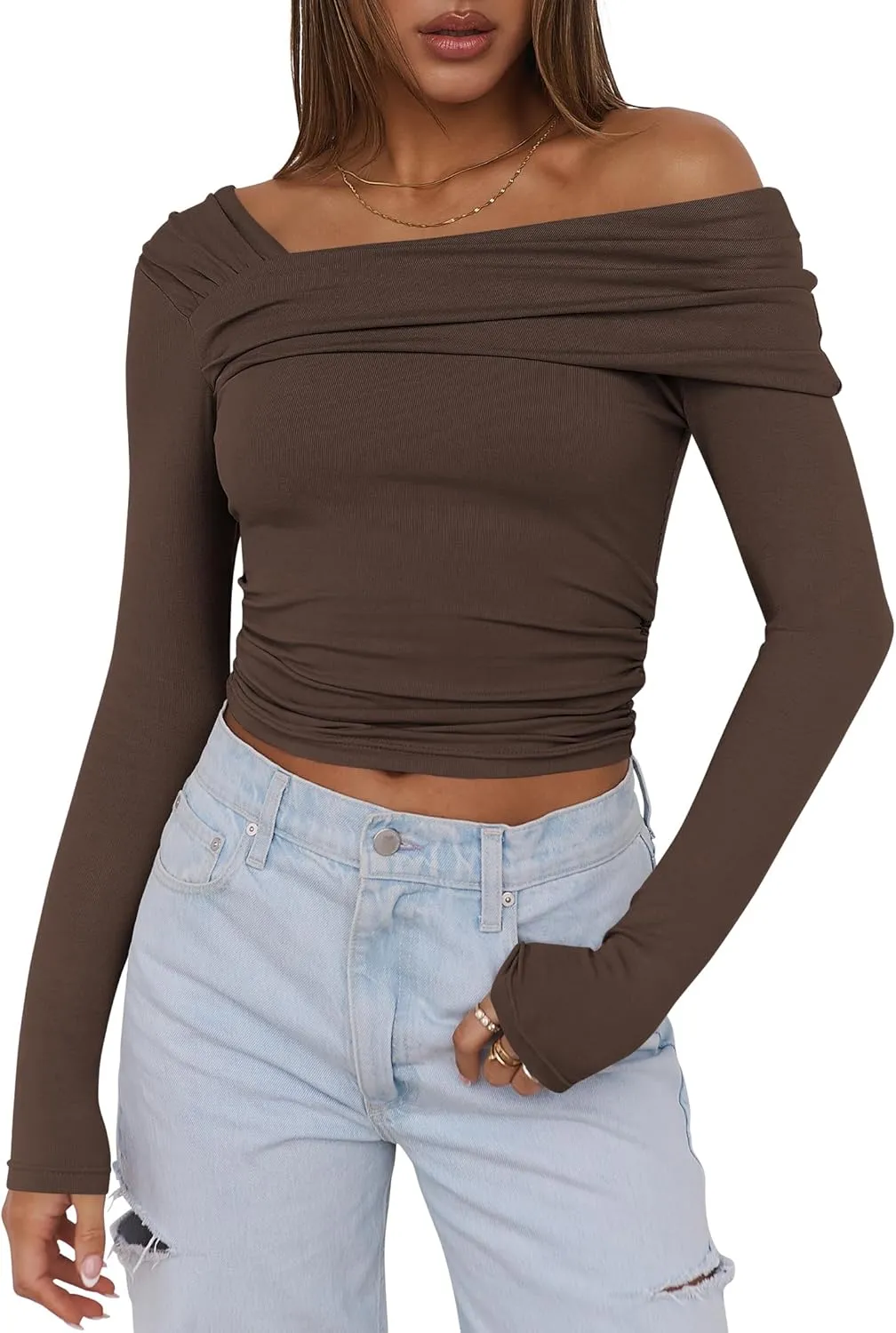 ANRABESS Womens One Off Shoulder Shirts Long Sleeve Going Out Crop Tops Ruched Tight Casual Blouse 2025 Trendy