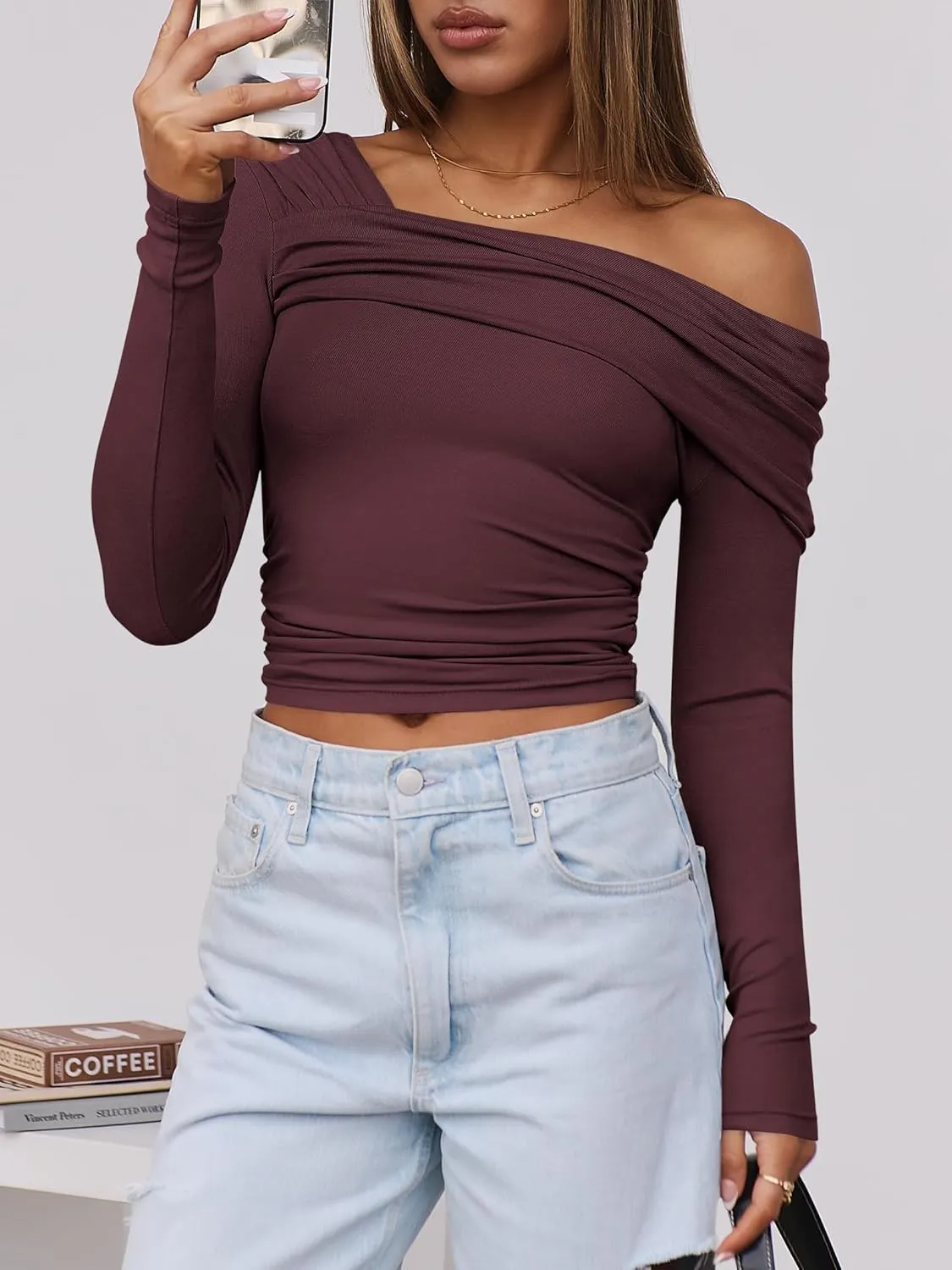 ANRABESS Womens One Off Shoulder Shirts Long Sleeve Going Out Crop Tops Ruched Tight Casual Blouse 2025 Trendy