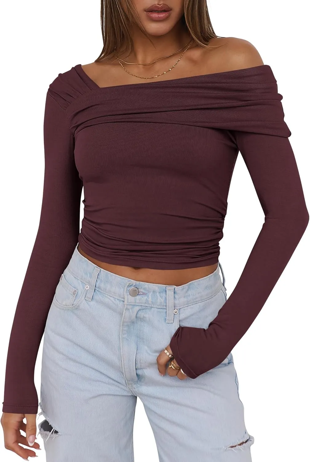 ANRABESS Womens One Off Shoulder Shirts Long Sleeve Going Out Crop Tops Ruched Tight Casual Blouse 2025 Trendy