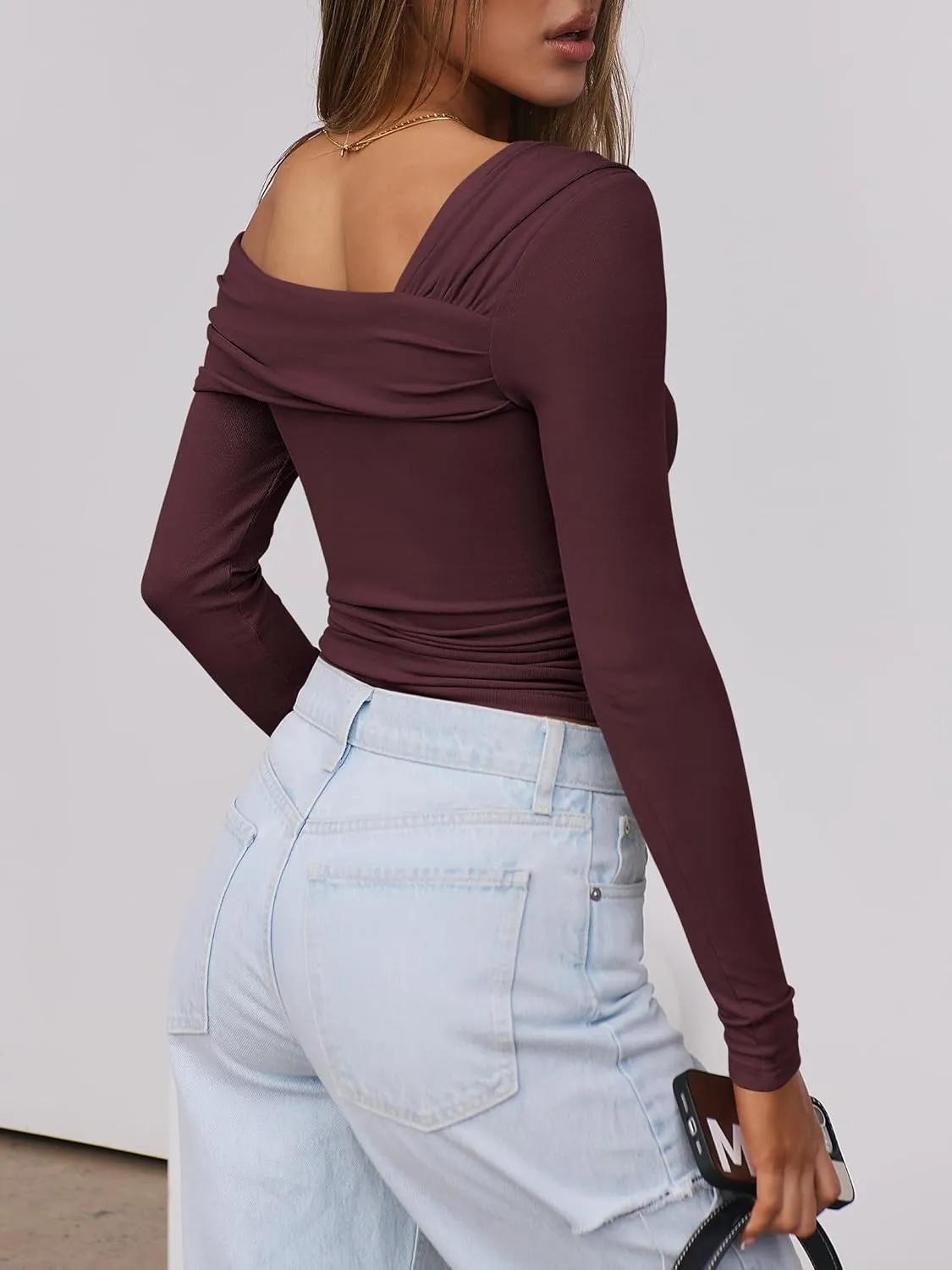 ANRABESS Womens One Off Shoulder Shirts Long Sleeve Going Out Crop Tops Ruched Tight Casual Blouse 2025 Trendy