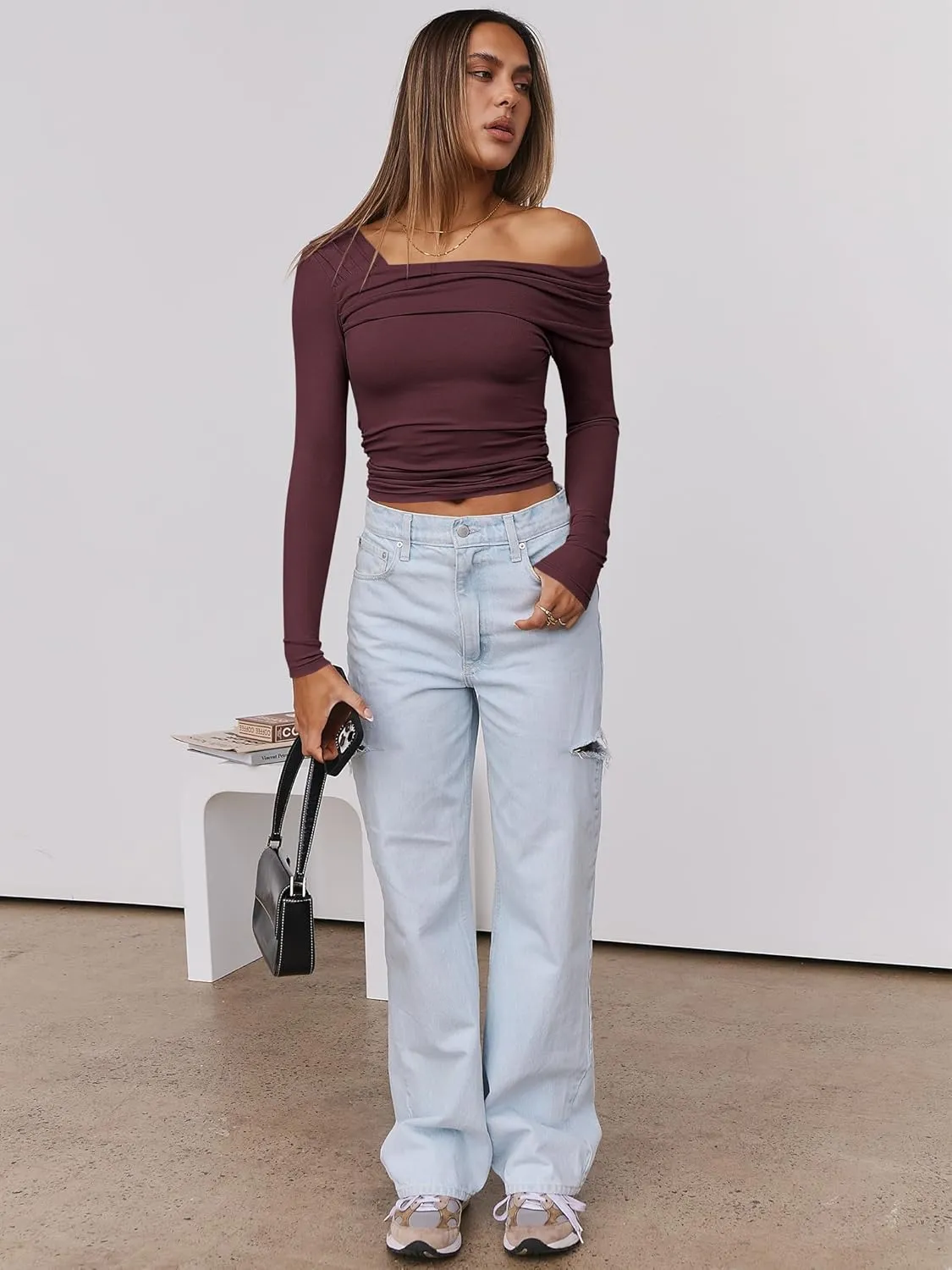 ANRABESS Womens One Off Shoulder Shirts Long Sleeve Going Out Crop Tops Ruched Tight Casual Blouse 2025 Trendy