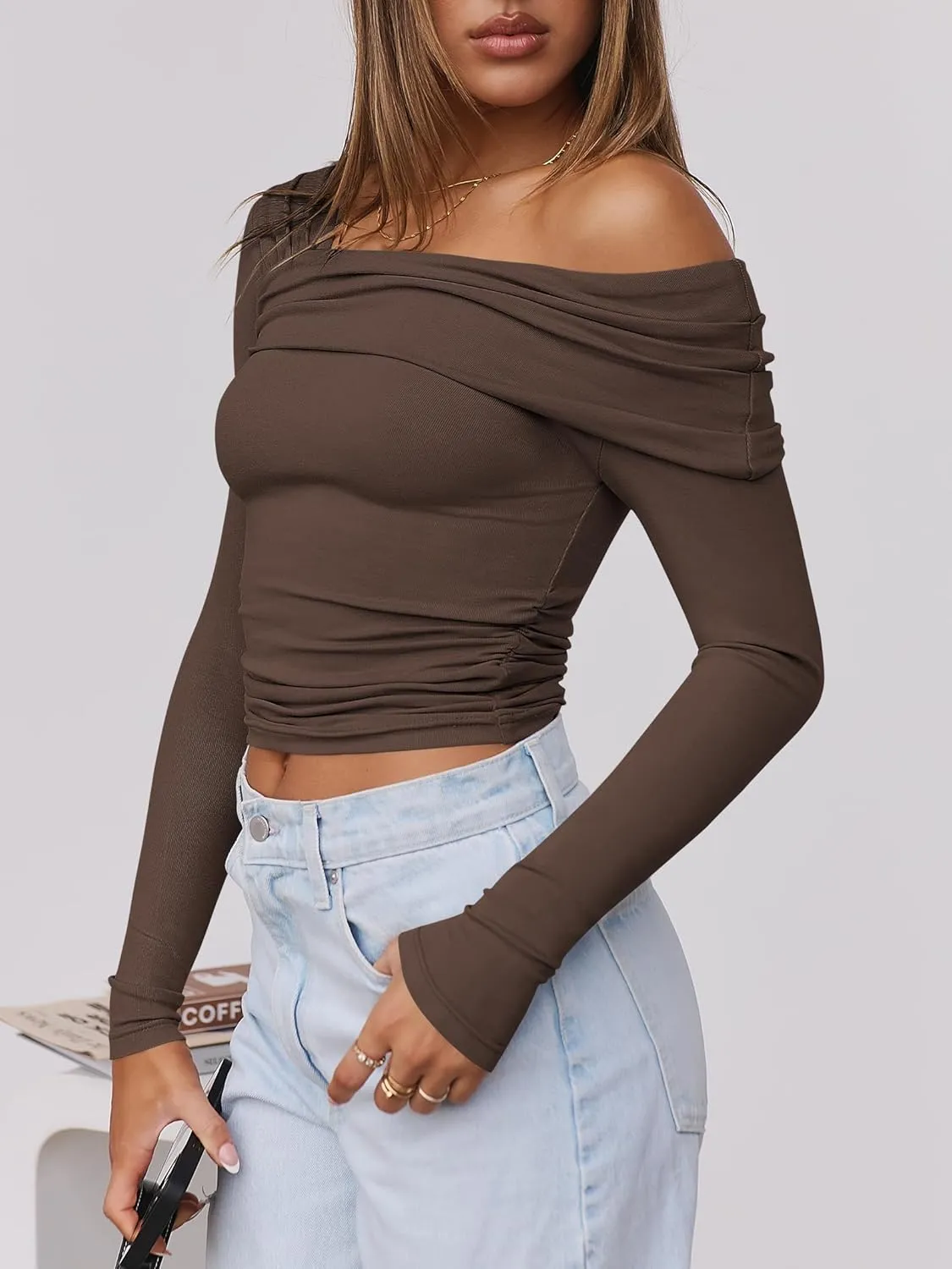 ANRABESS Womens One Off Shoulder Shirts Long Sleeve Going Out Crop Tops Ruched Tight Casual Blouse 2025 Trendy