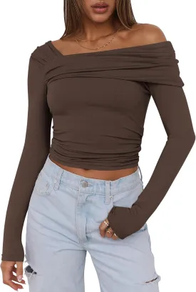 ANRABESS Womens One Off Shoulder Shirts Long Sleeve Going Out Crop Tops Ruched Tight Casual Blouse 2025 Trendy