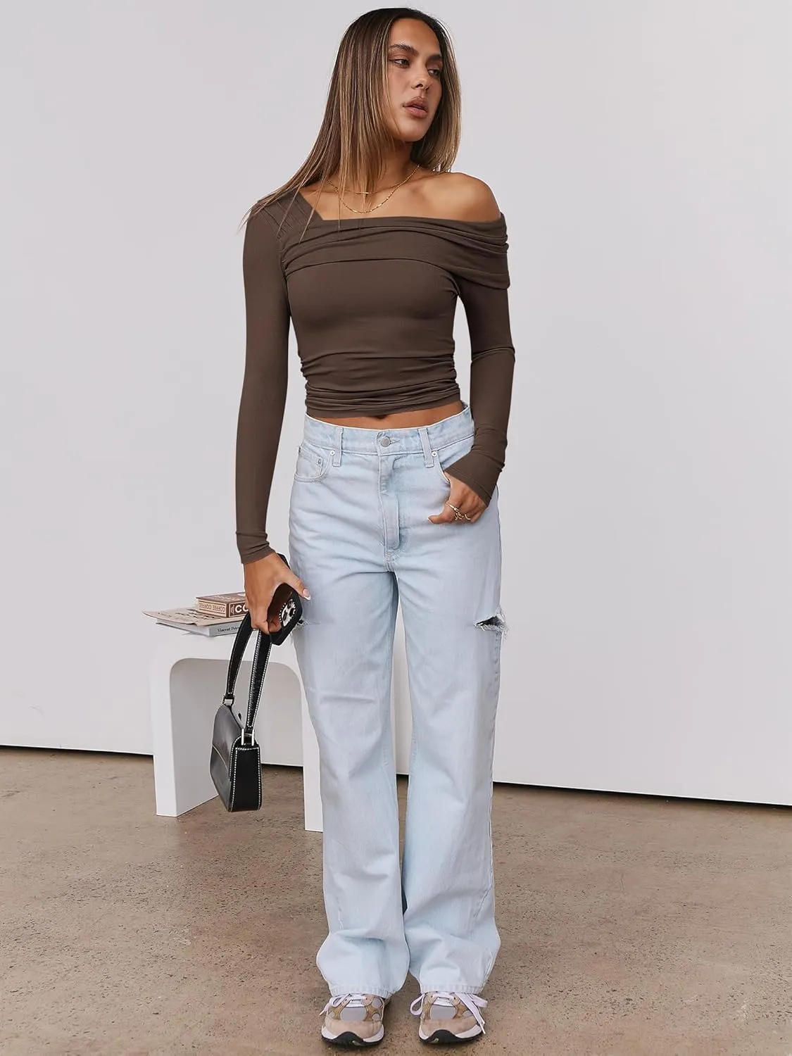ANRABESS Womens One Off Shoulder Shirts Long Sleeve Going Out Crop Tops Ruched Tight Casual Blouse 2025 Trendy