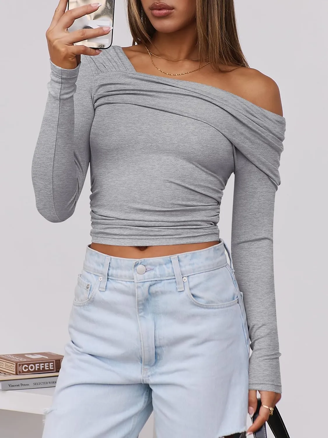 ANRABESS Womens One Off Shoulder Shirts Long Sleeve Going Out Crop Tops Ruched Tight Casual Blouse 2025 Trendy
