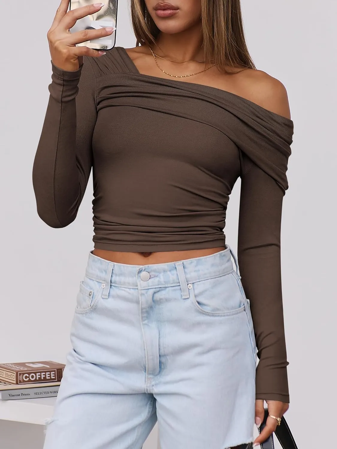 ANRABESS Womens One Off Shoulder Shirts Long Sleeve Going Out Crop Tops Ruched Tight Casual Blouse 2025 Trendy