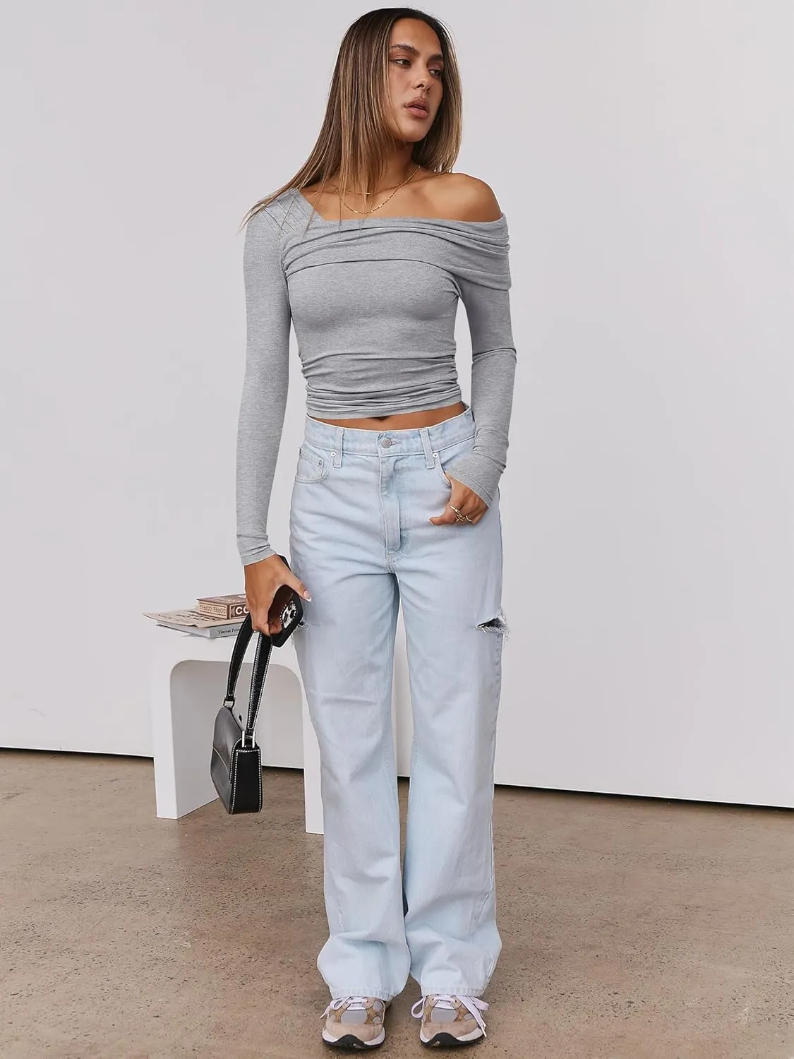 ANRABESS Womens One Off Shoulder Shirts Long Sleeve Going Out Crop Tops Ruched Tight Casual Blouse 2025 Trendy