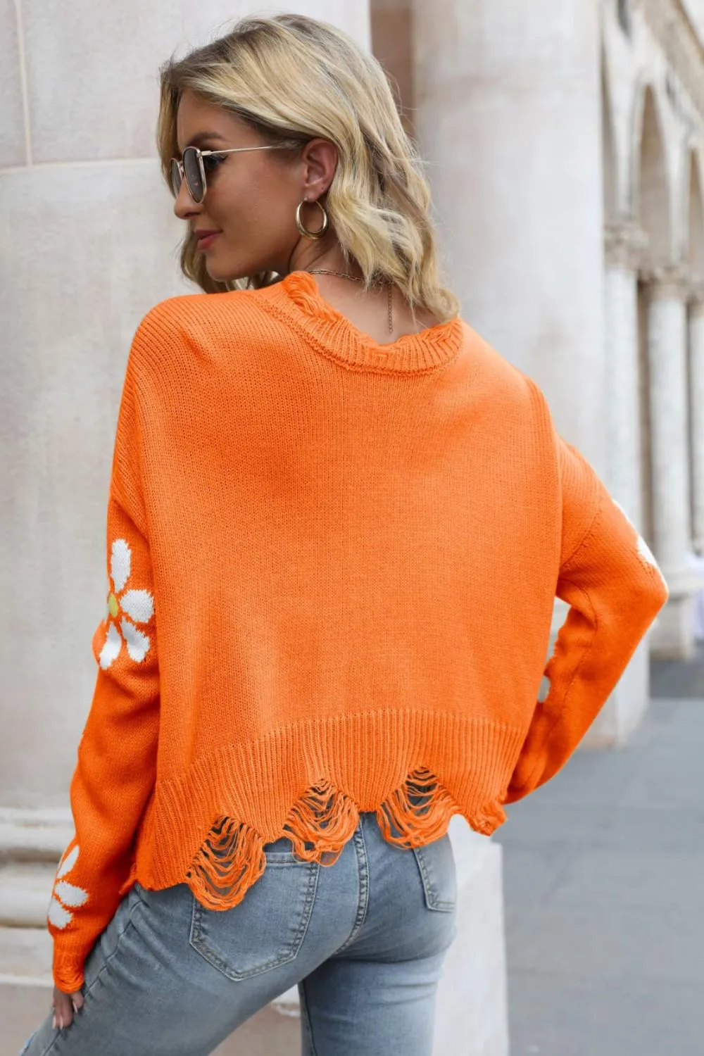 *App Exclusive* Flower Distressed Ribbed Trim Sweater