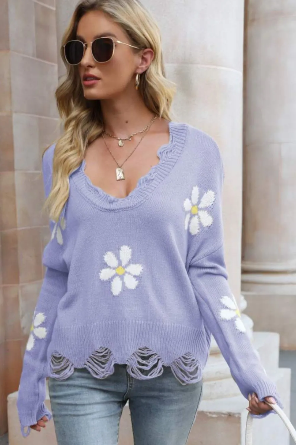 *App Exclusive* Flower Distressed Ribbed Trim Sweater