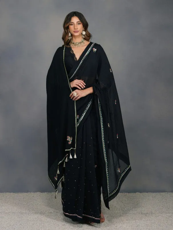 Black Chanderi Buta Saree (Set of 2)