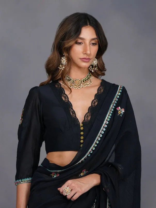 Black Chanderi Buta Saree (Set of 2)