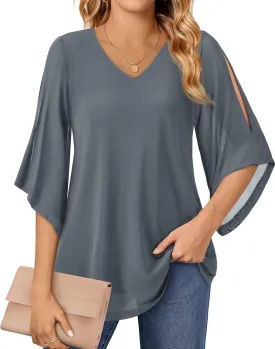 Blouse for Women Dressy Casual Summer Chiffon 3/4 Sleeve Tops Business Work Shirts Double Layered Tunic Evening Party