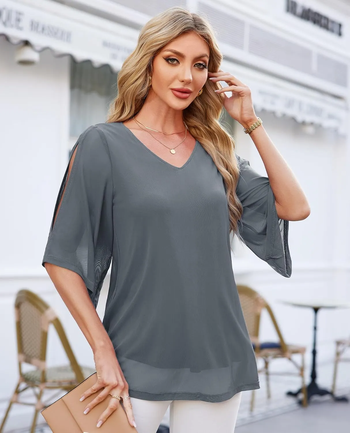 Blouse for Women Dressy Casual Summer Chiffon 3/4 Sleeve Tops Business Work Shirts Double Layered Tunic Evening Party