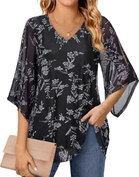 Blouse for Women Dressy Casual Summer Chiffon 3/4 Sleeve Tops Business Work Shirts Double Layered Tunic Evening Party