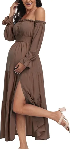 Boho Off Shoulder Maternity Dresses, Long Sleeve Side Split Flowy A Line Tiered Maxi Dress for Baby Shower Photoshoot
