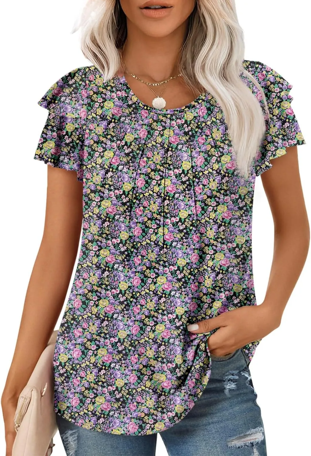 CRAZY GRID Women Trendy Summer Tops Casual Short Sleeve Shirts Loose Fit Work Blouses