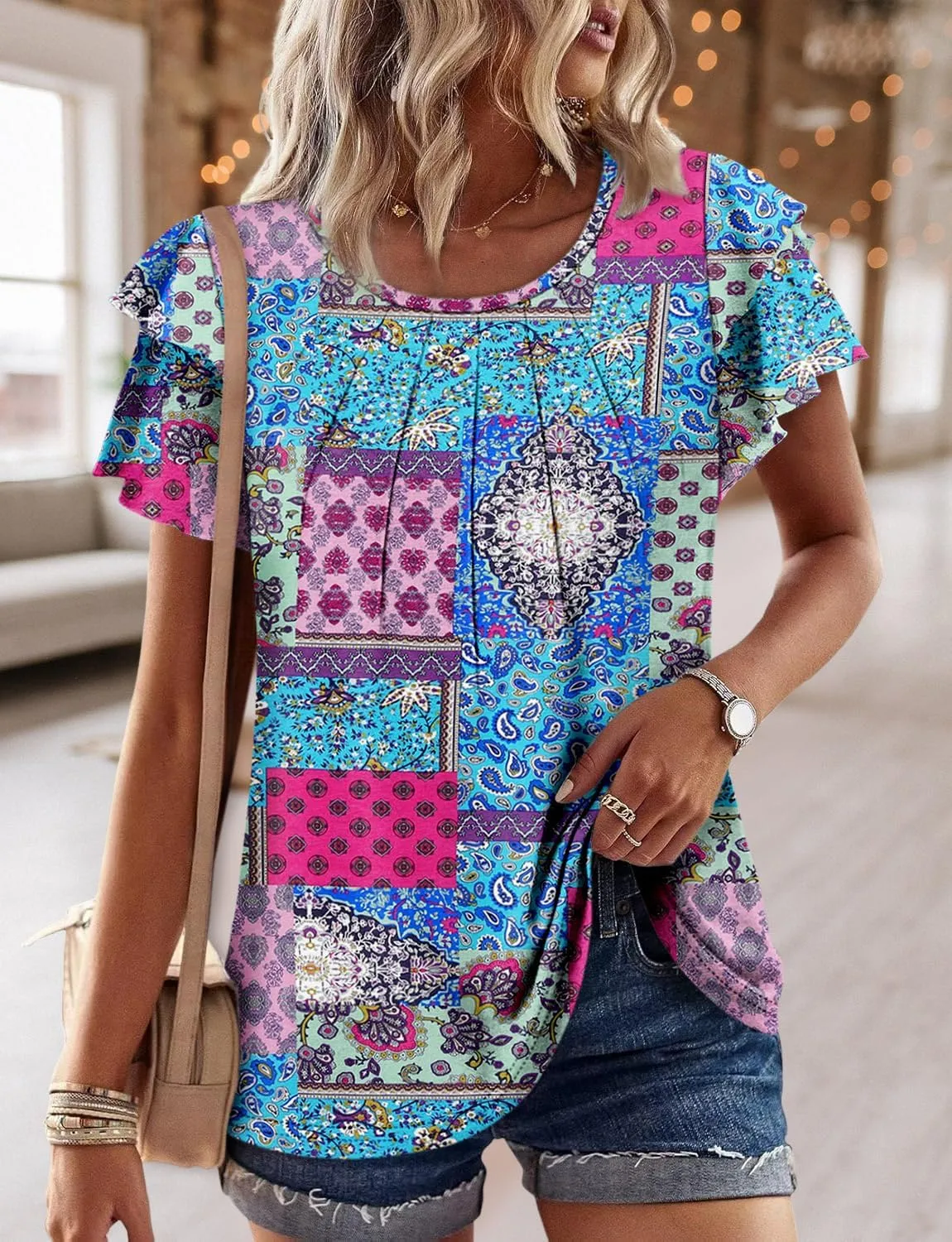 CRAZY GRID Women Trendy Summer Tops Casual Short Sleeve Shirts Loose Fit Work Blouses