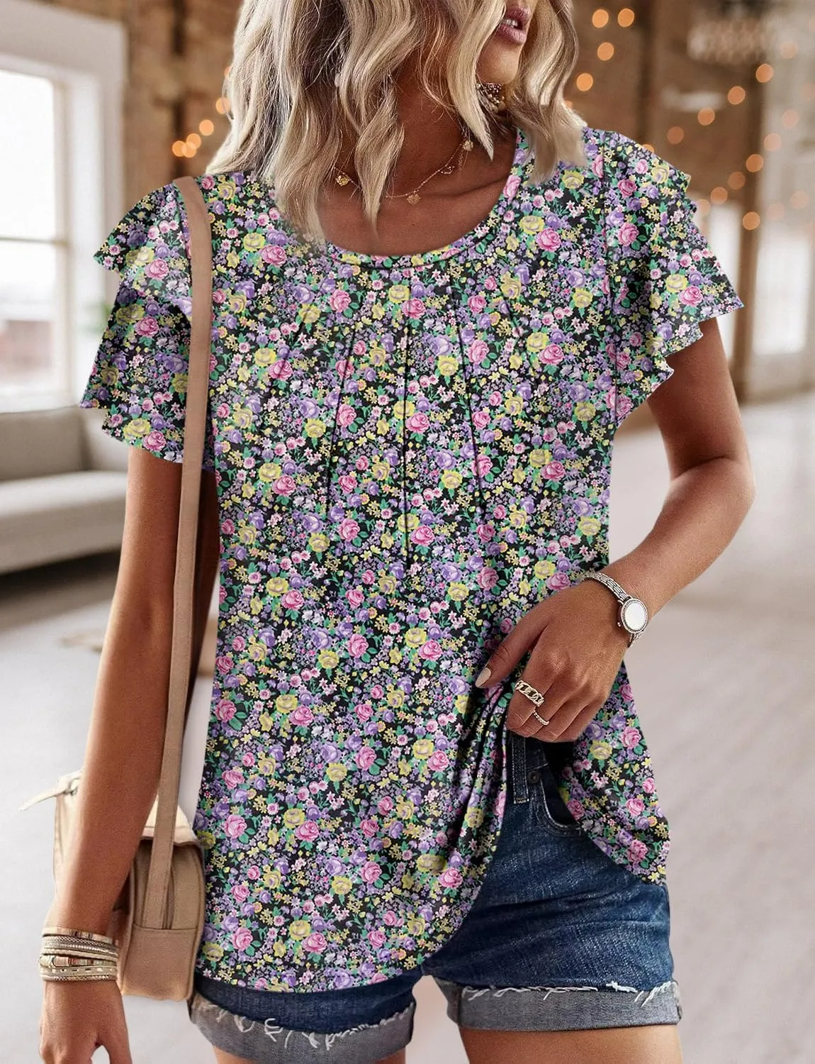 CRAZY GRID Women Trendy Summer Tops Casual Short Sleeve Shirts Loose Fit Work Blouses