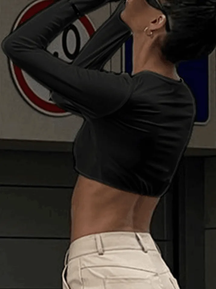 Cutout Square Neck Crop Long Sleeve Tee