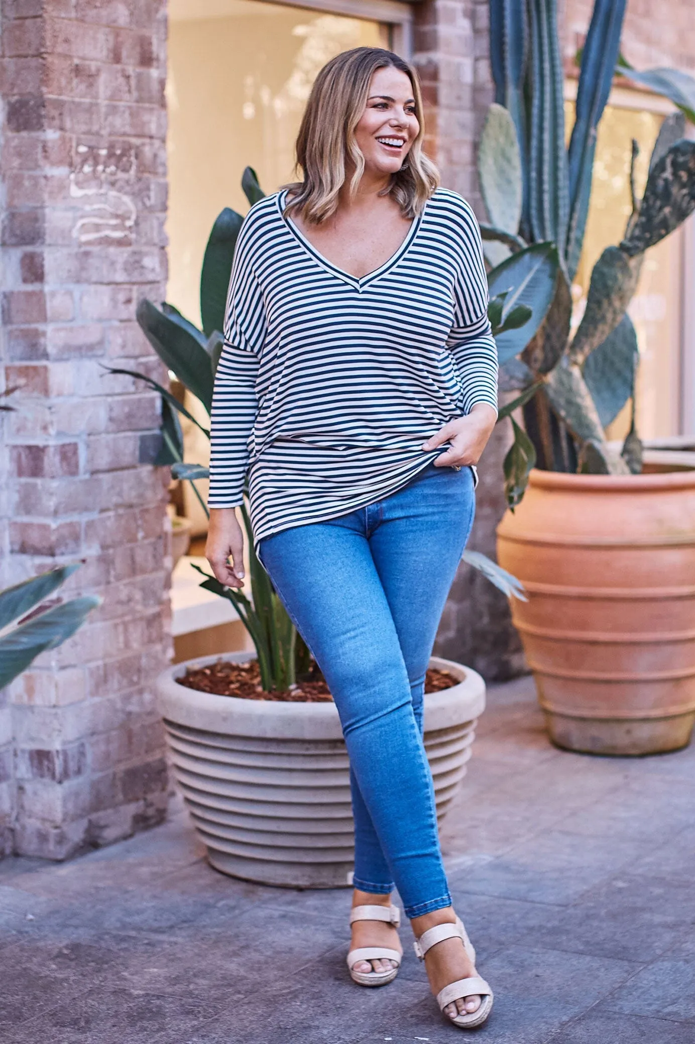 Erica Essential Long Sleeve Top Striped Navy