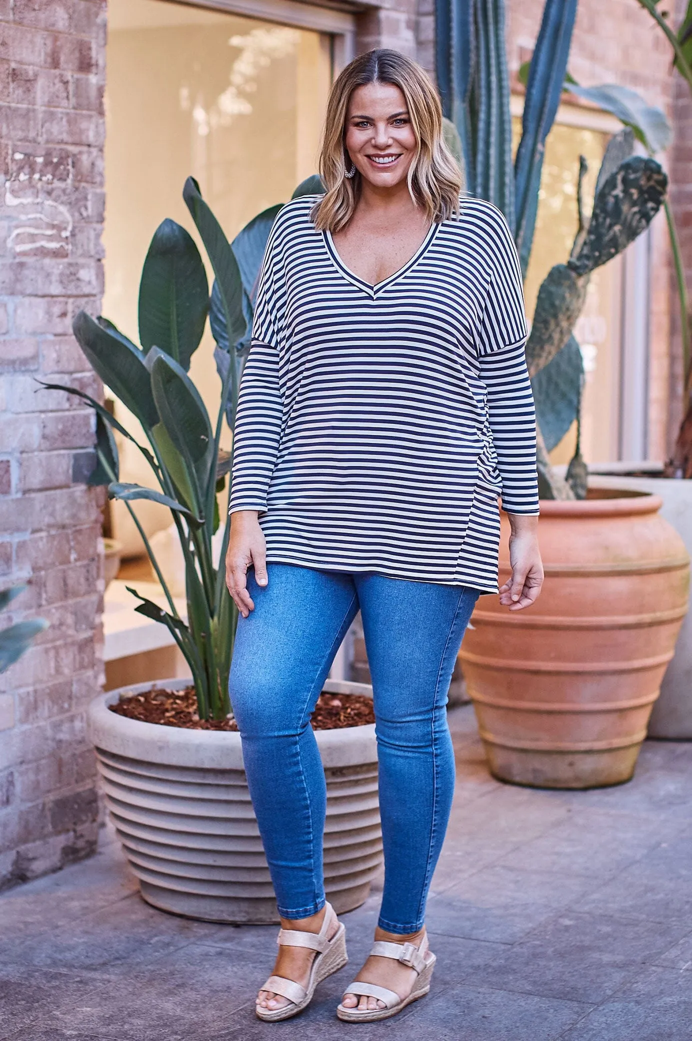 Erica Essential Long Sleeve Top Striped Navy