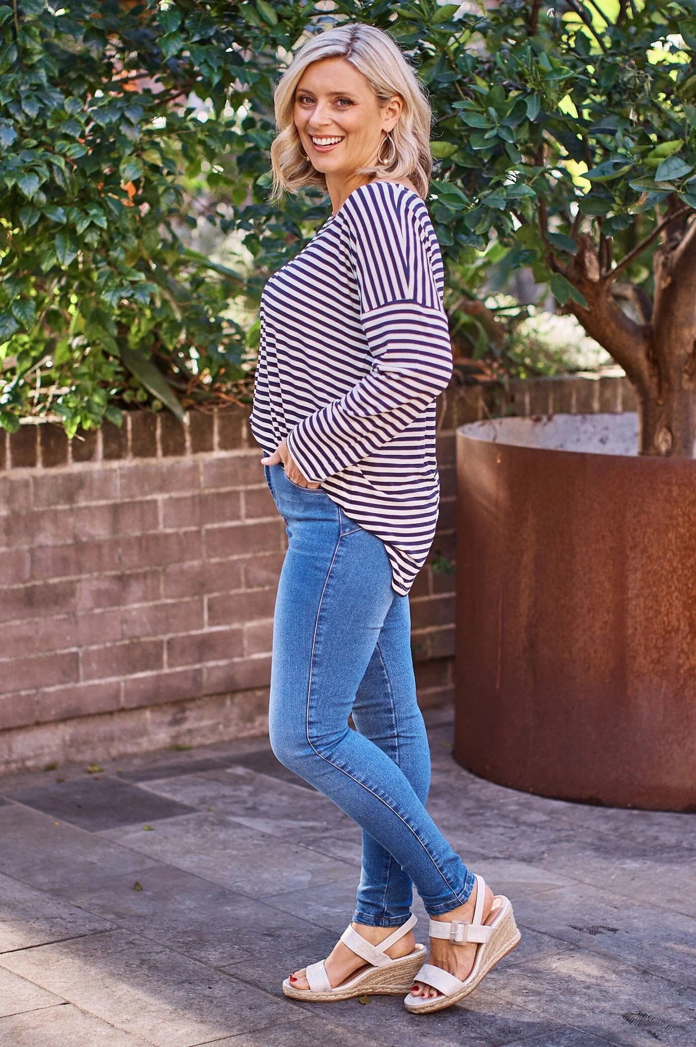 Erica Essential Long Sleeve Top Striped Navy