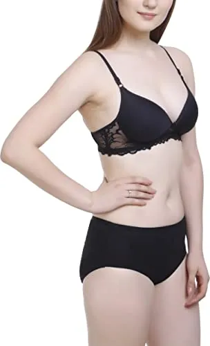 FIMS - Fashion is my style Women's Cotton Padded Non-Wired Push-Up Bra Panty Set (Black_PaddedBra Panty Set_Panty_34_Black_34)