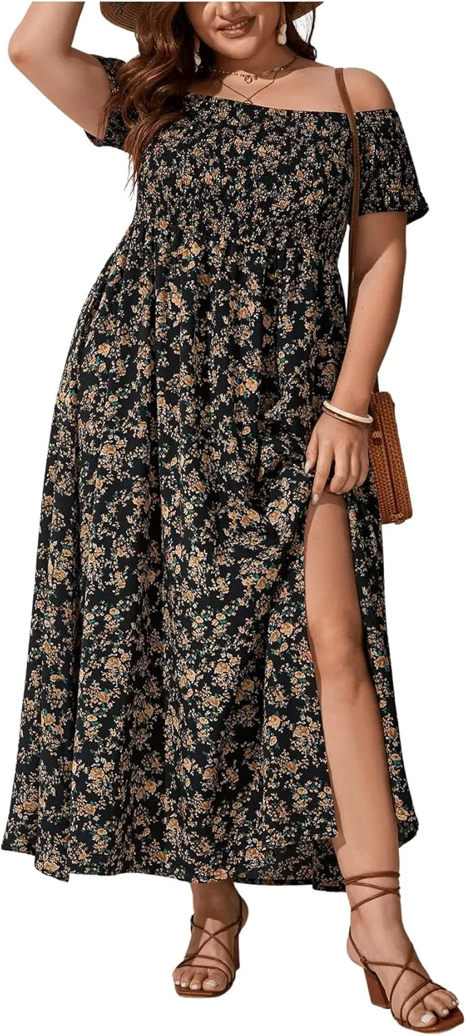 Floerns Women's Boho Ditsy Floral Print Off Shoulder Short Sleeve Split Maxi A Line Dress