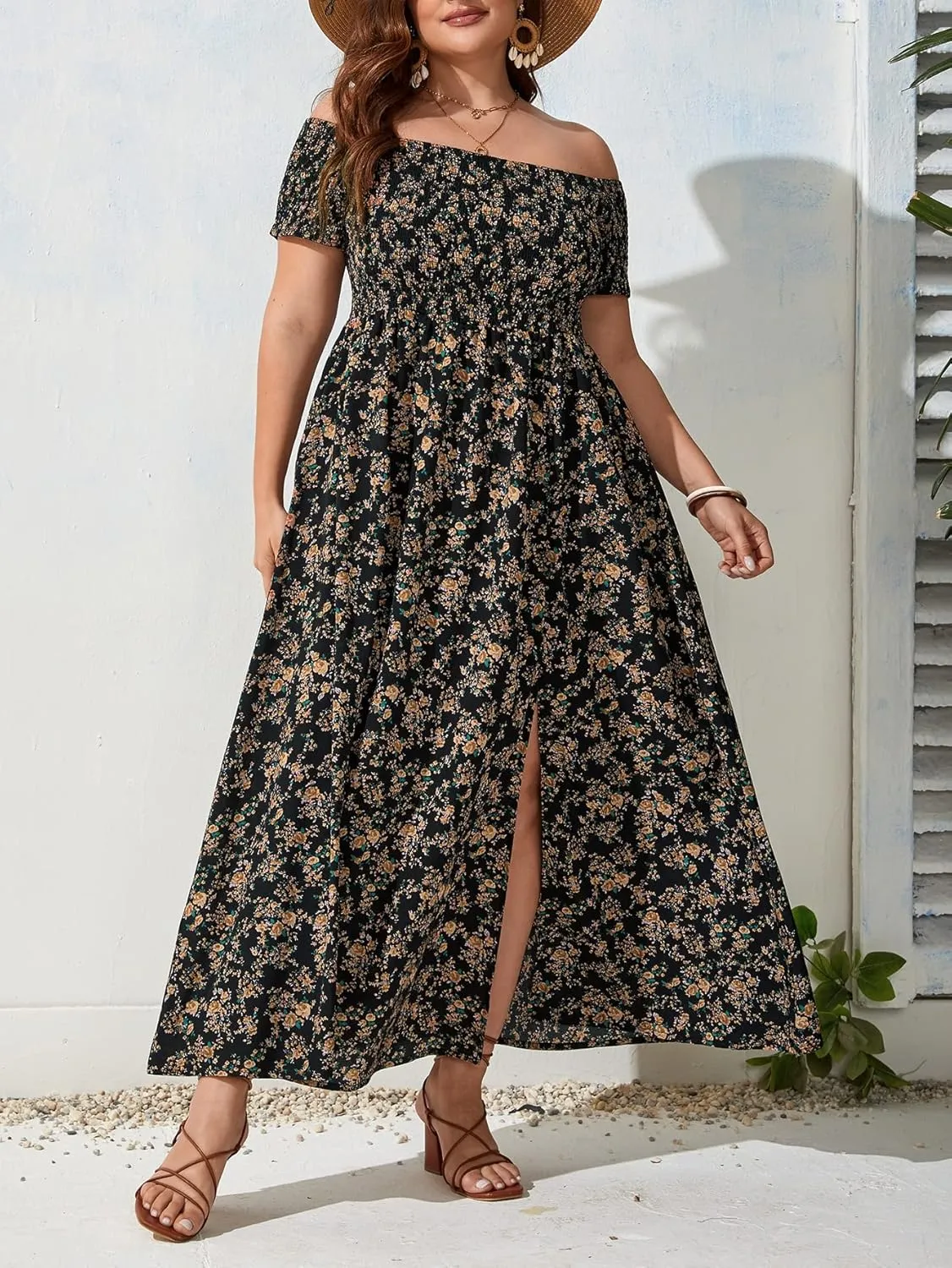 Floerns Women's Boho Ditsy Floral Print Off Shoulder Short Sleeve Split Maxi A Line Dress