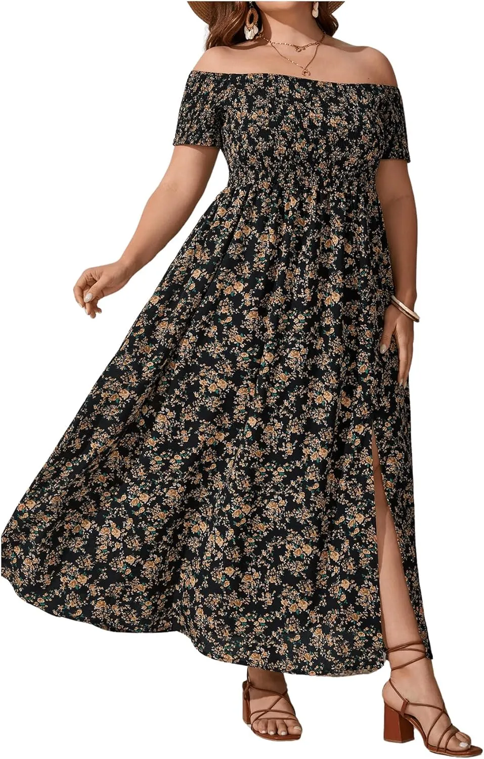 Floerns Women's Boho Ditsy Floral Print Off Shoulder Short Sleeve Split Maxi A Line Dress