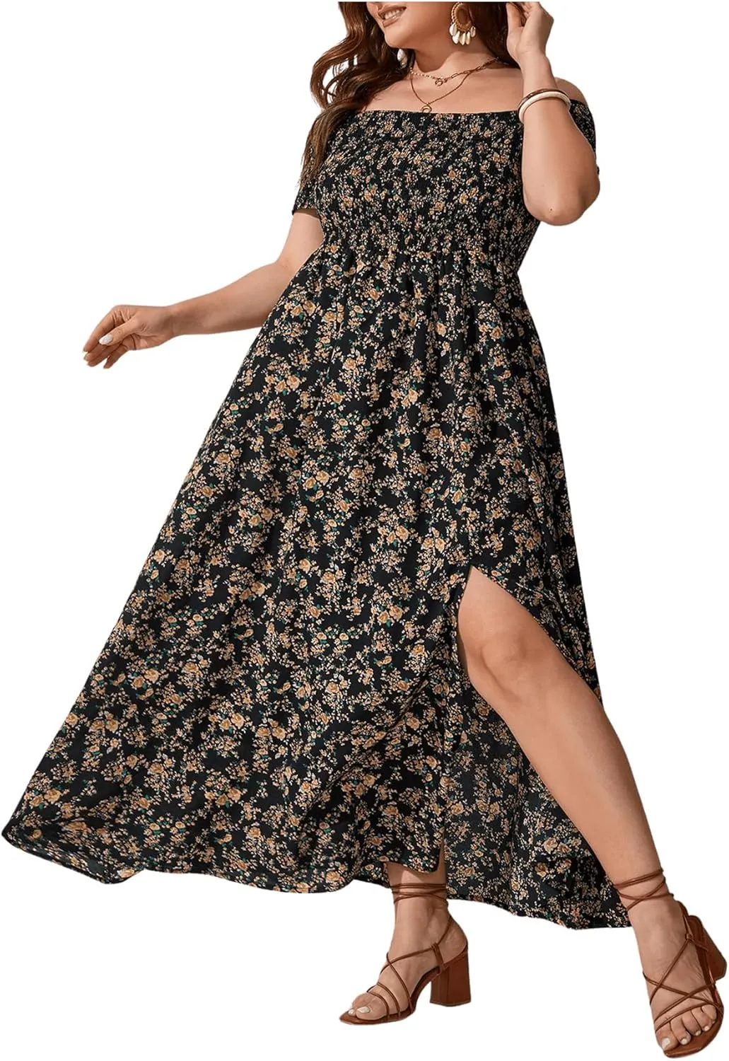 Floerns Women's Boho Ditsy Floral Print Off Shoulder Short Sleeve Split Maxi A Line Dress