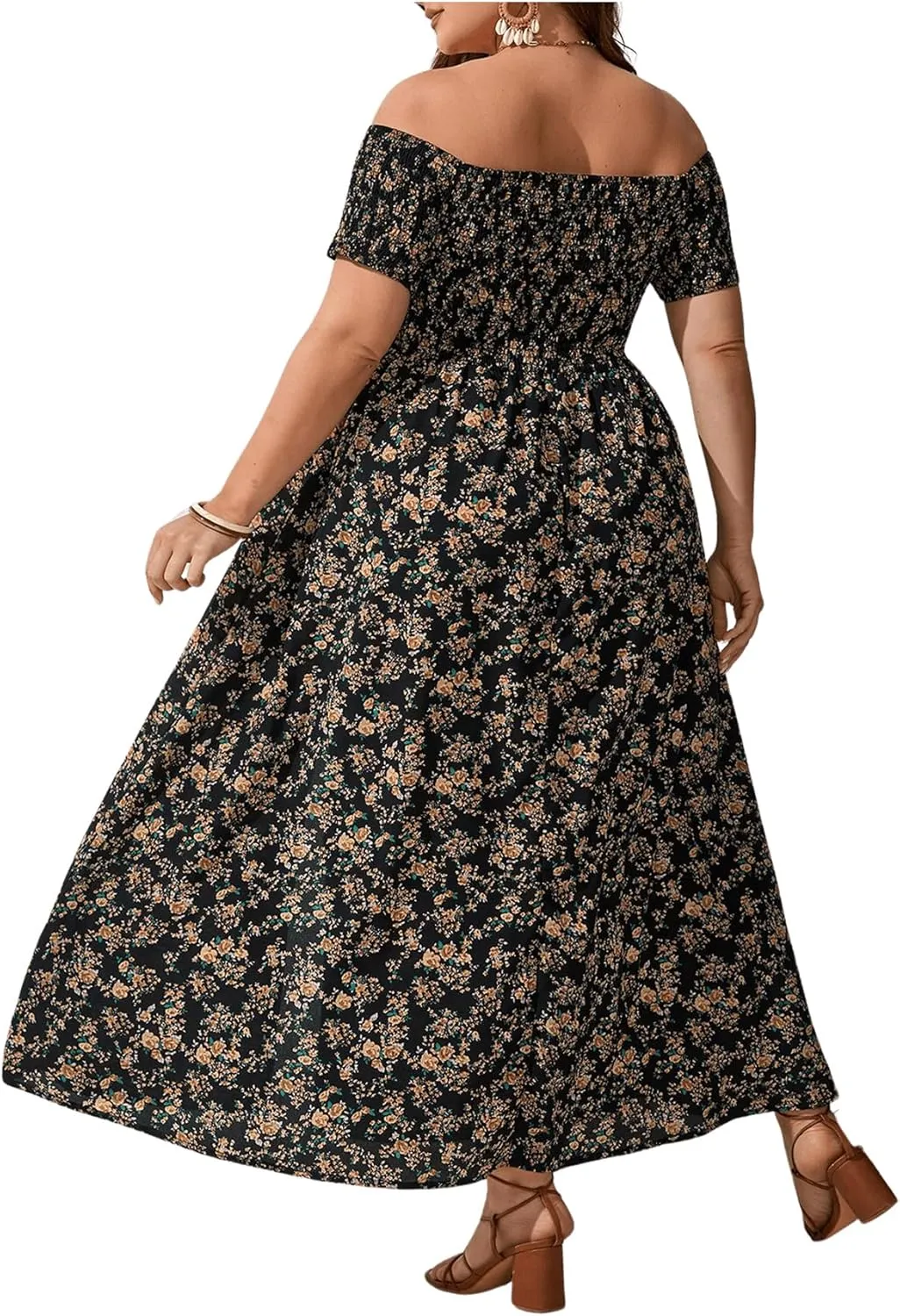 Floerns Women's Boho Ditsy Floral Print Off Shoulder Short Sleeve Split Maxi A Line Dress