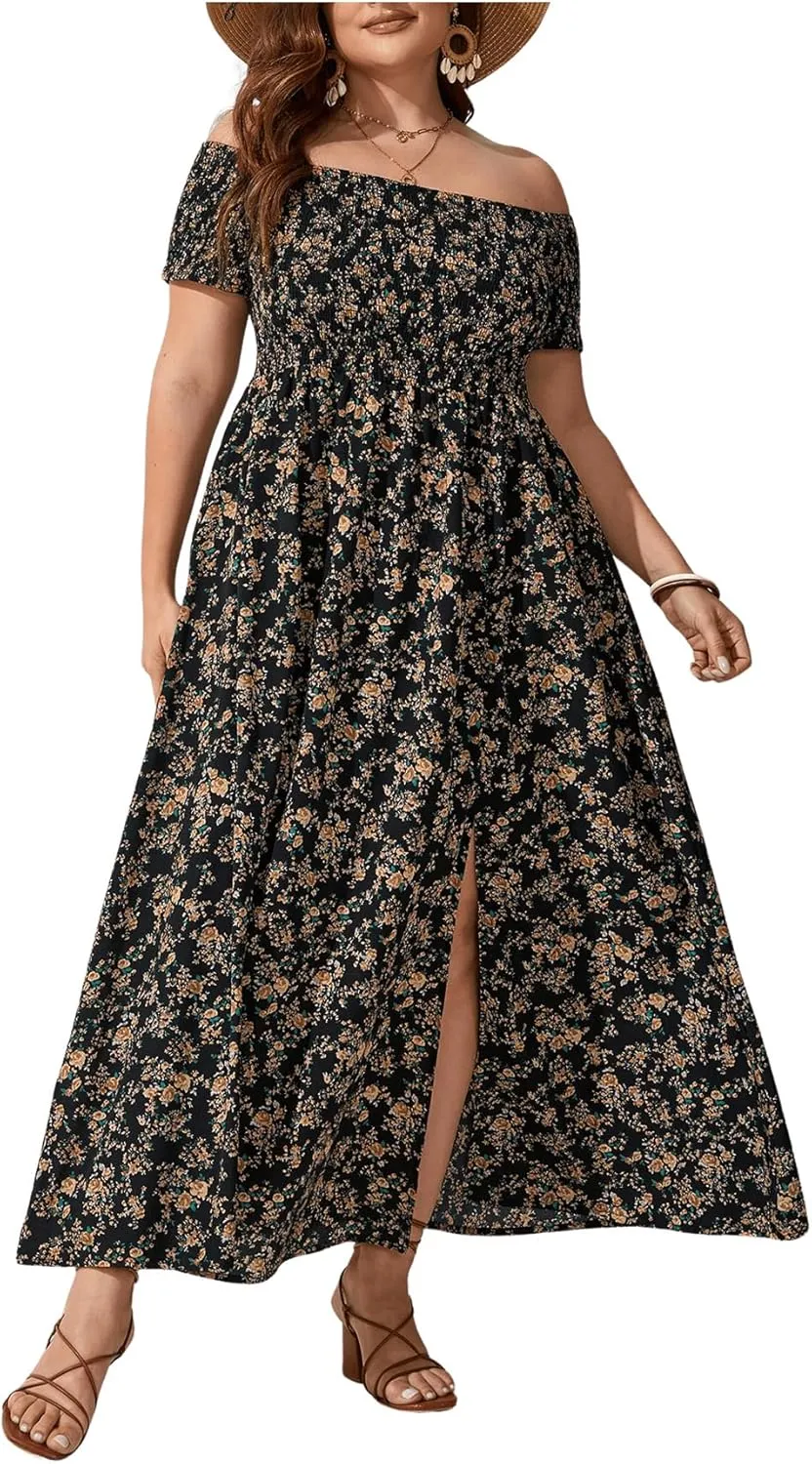 Floerns Women's Boho Ditsy Floral Print Off Shoulder Short Sleeve Split Maxi A Line Dress