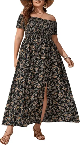 Floerns Women's Boho Ditsy Floral Print Off Shoulder Short Sleeve Split Maxi A Line Dress