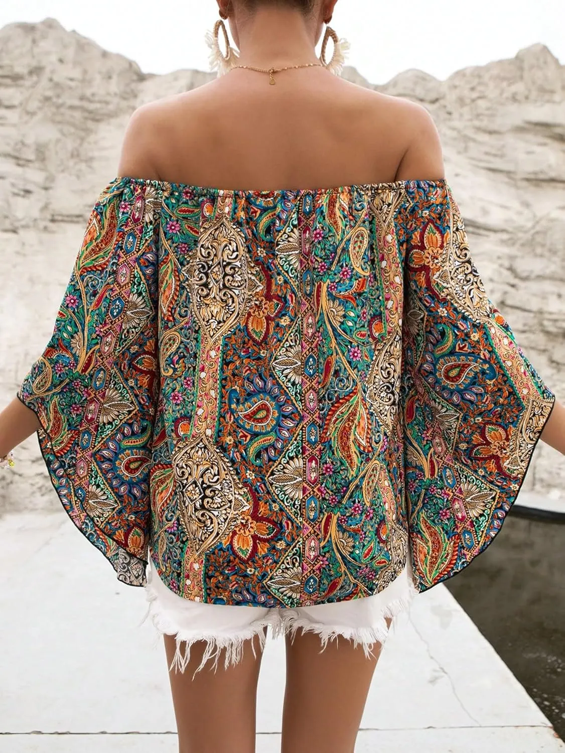 Floerns Women's Boho Off Shoulder 3/4 Bell Sleeve Summer Blouse Top