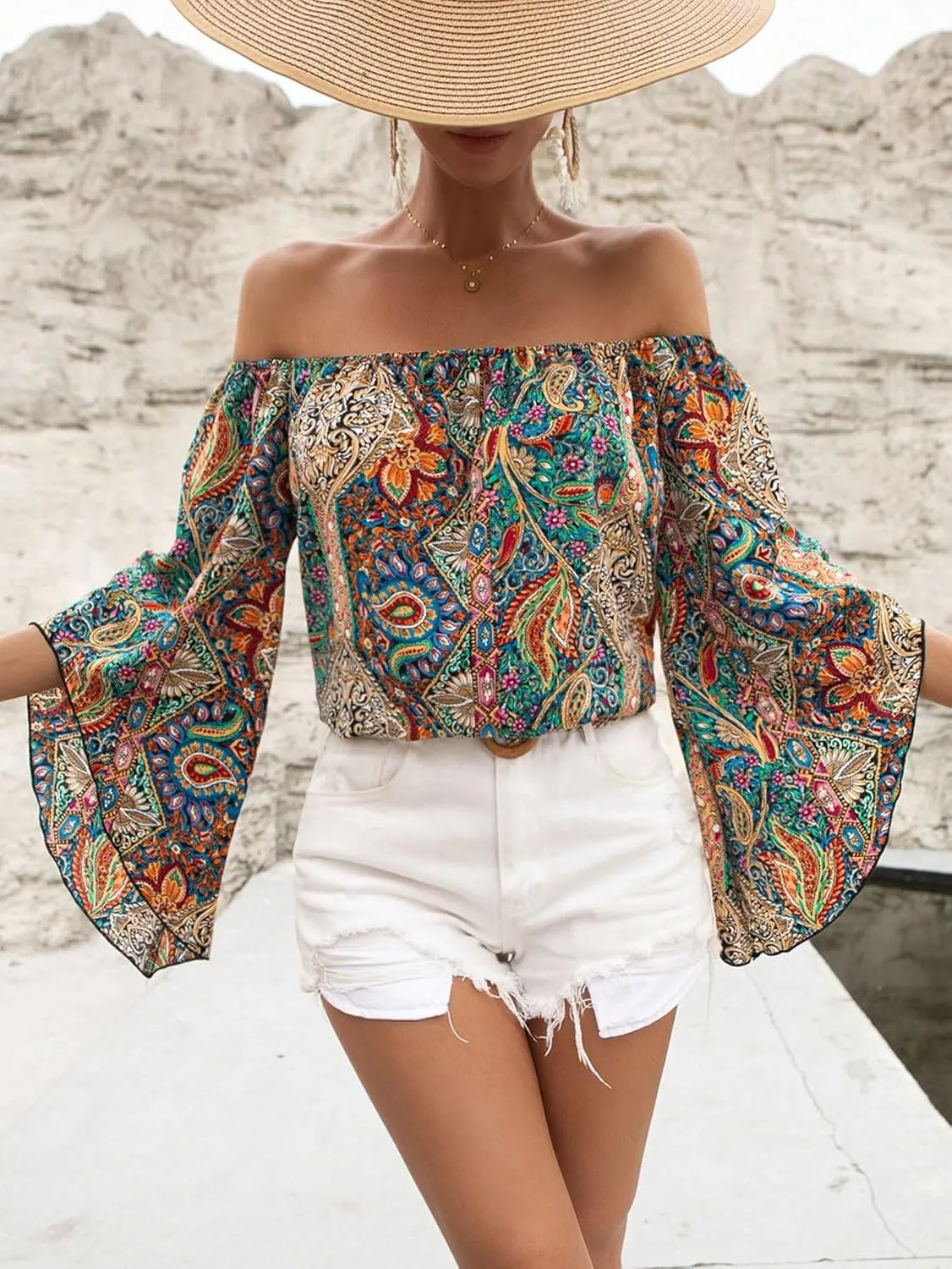 Floerns Women's Boho Off Shoulder 3/4 Bell Sleeve Summer Blouse Top