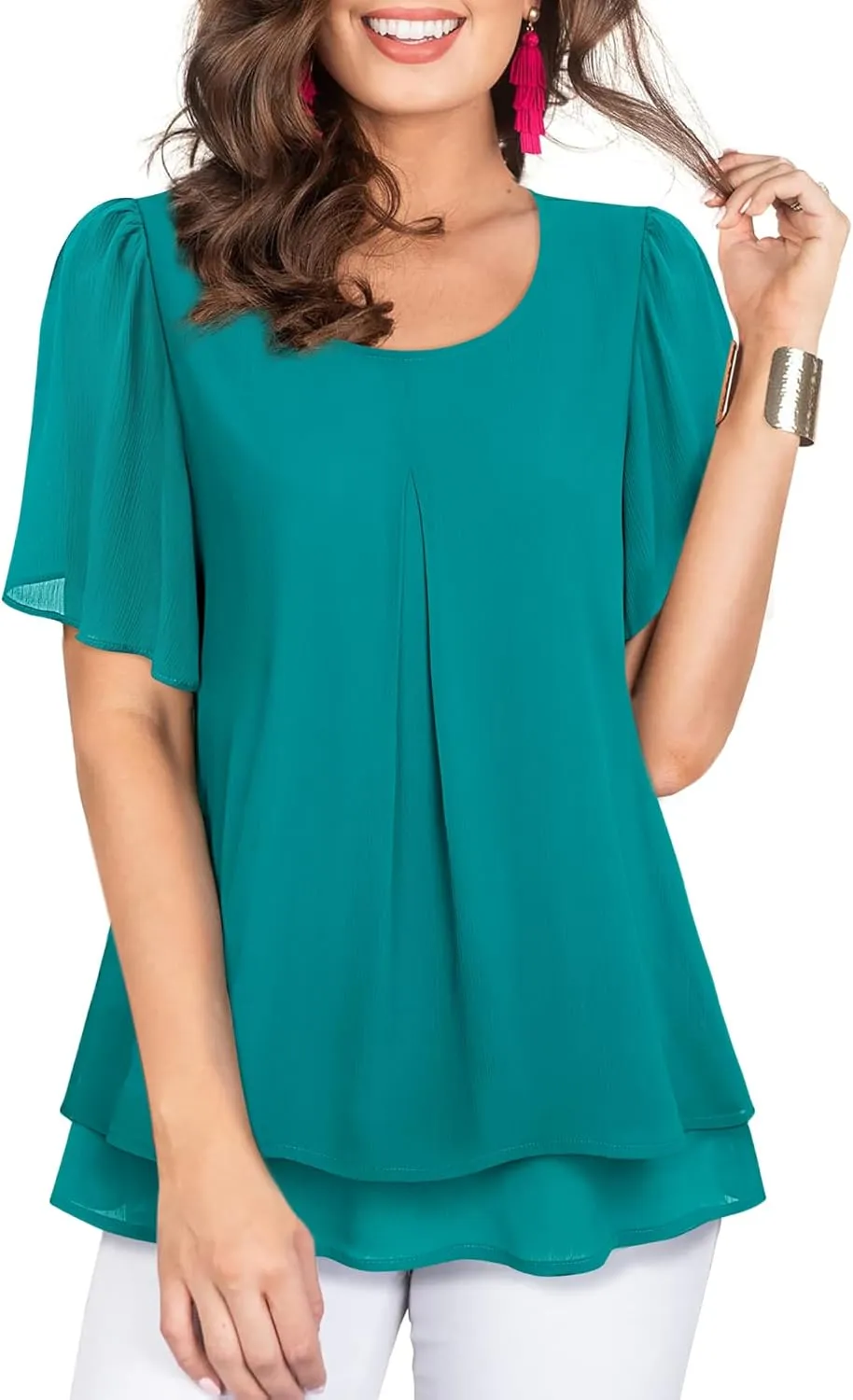 Gaharu Women's Ruffle Short Sleeve Blouses Double-Layered Shirt Work Tunic Tops