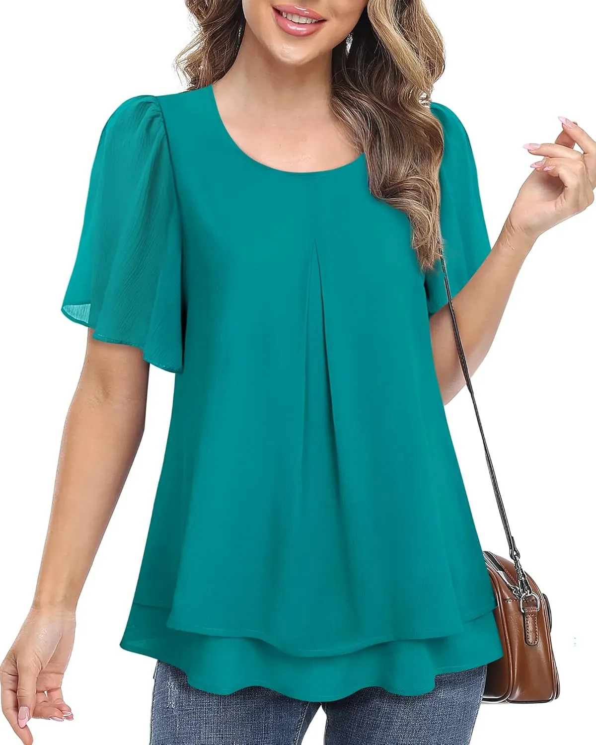 Gaharu Women's Ruffle Short Sleeve Blouses Double-Layered Shirt Work Tunic Tops