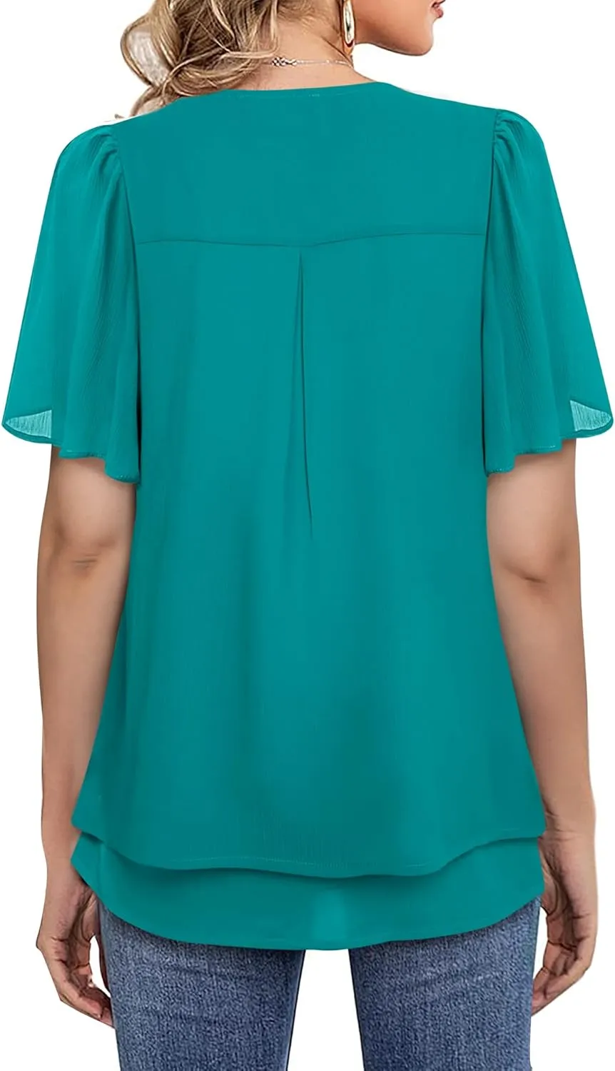Gaharu Women's Ruffle Short Sleeve Blouses Double-Layered Shirt Work Tunic Tops