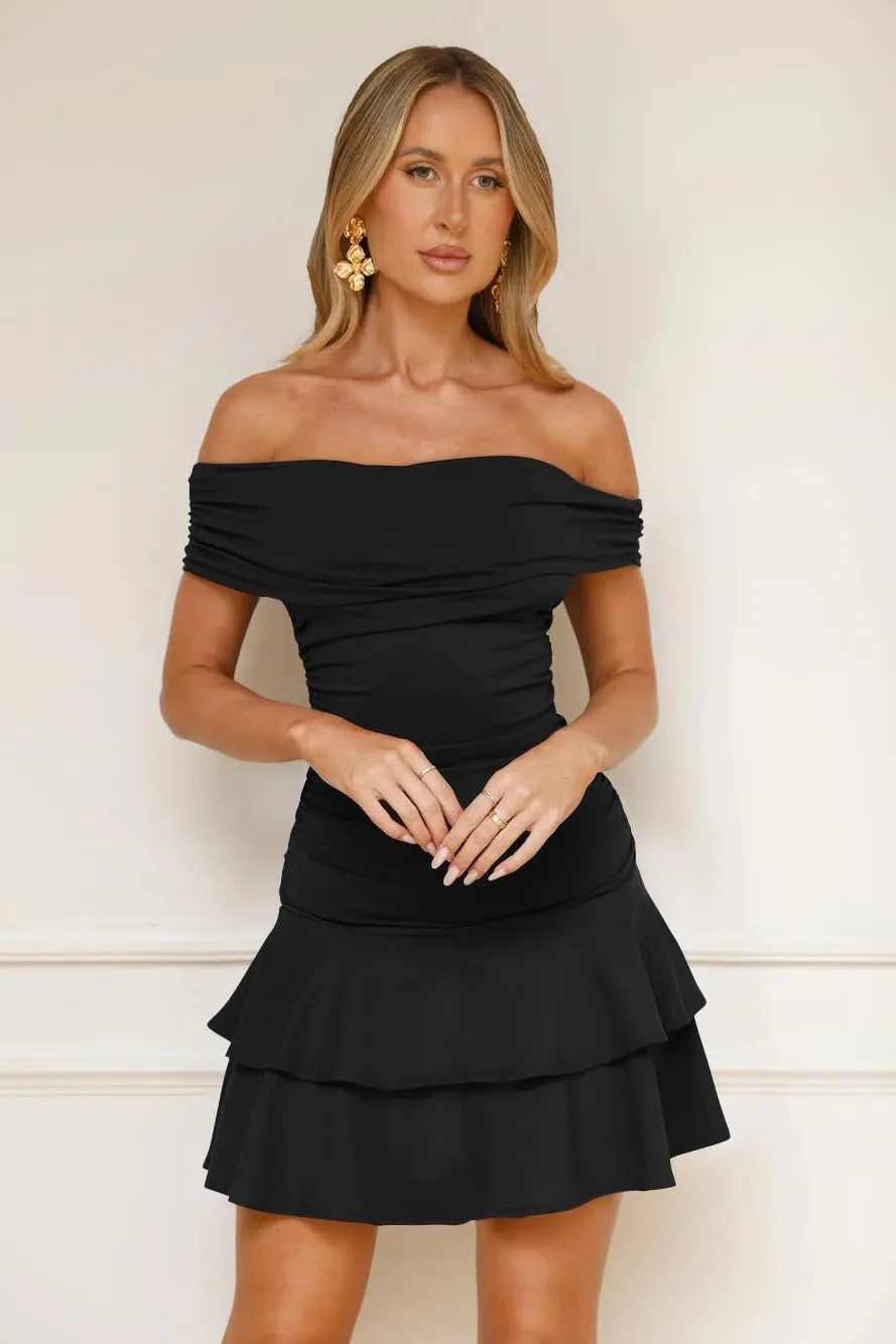 GOKATOSAU Women's Off Shoulder Folded Neck Tiered Ruffle Hem Bodycon Ruched Waist Mini Dress